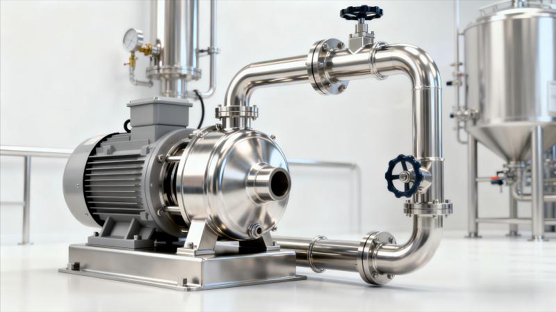 Bomba sanitaria autocebante Sangyie instalada en un sistema de línea de retorno CIP para procesamiento de alimentos